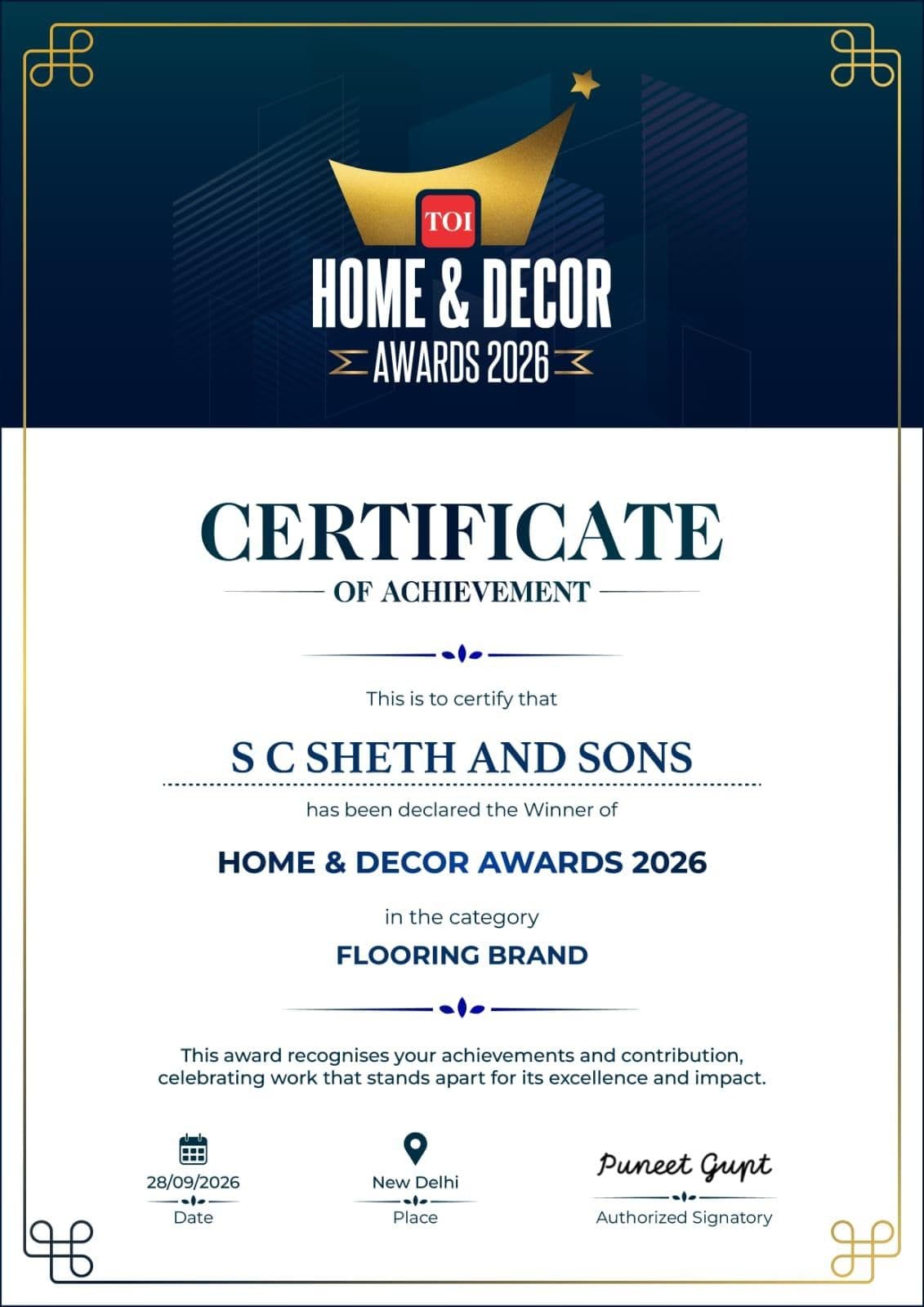 TOI Home & Decor Awards 2026 certificate of achievement awarded to S C Sheth and Sons, Flooring Brand